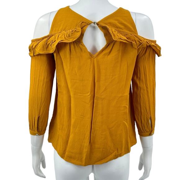 Maeve Anthropologie Top Women 2 Brearly Cold Shoulder Marigold 3/4 Sleeve Ruffle - Picture 5 of 9
